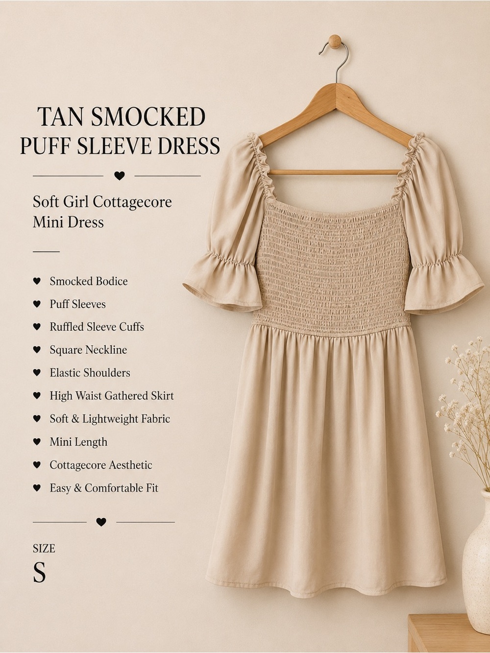 Tan Smocked Puff Sleeve Dress Soft Girl Cottagecore Mini Dress Size Small